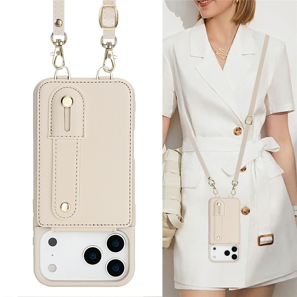 For iPhone 17 Pro Max Case Kickstand Card Slots Leather Coated TPU Cover with Shoulder Strap - Beige