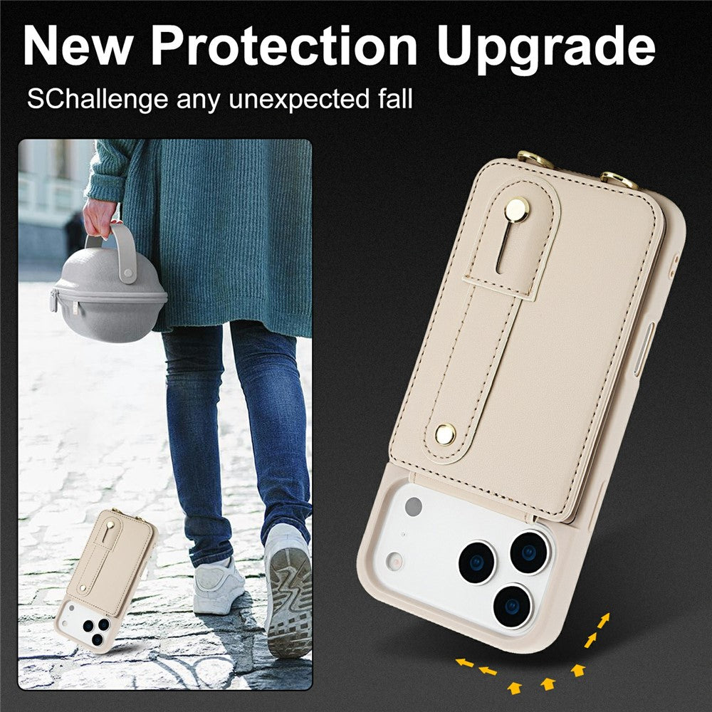 For iPhone 17 Pro Max Case Kickstand Card Slots Leather Coated TPU Cover with Shoulder Strap - Beige