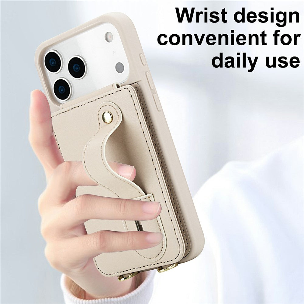 For iPhone 17 Pro Max Case Kickstand Card Slots Leather Coated TPU Cover with Shoulder Strap - Beige