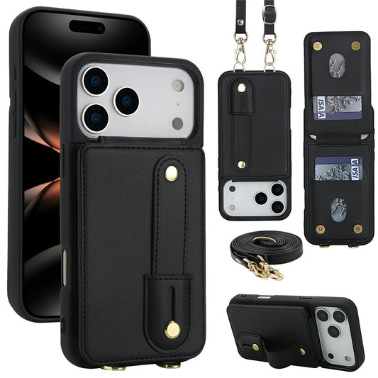 For iPhone 17 Pro Max Case Kickstand Card Slots Leather Coated TPU Cover with Shoulder Strap - Black