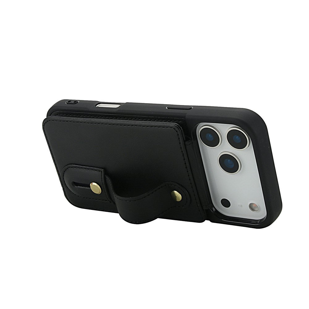 For iPhone 17 Pro Max Case Kickstand Card Slots Leather Coated TPU Cover with Shoulder Strap - Black