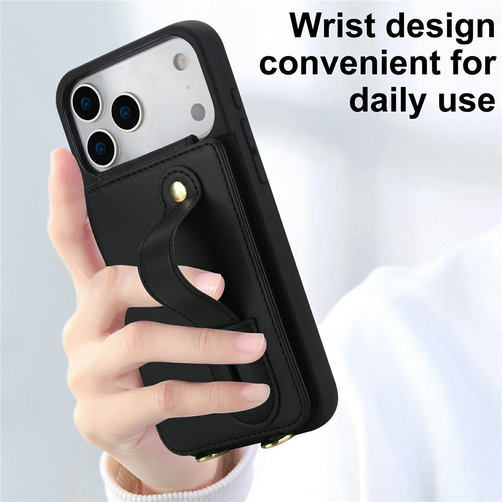 For iPhone 17 Pro Max Case Kickstand Card Slots Leather Coated TPU Cover with Shoulder Strap - Black
