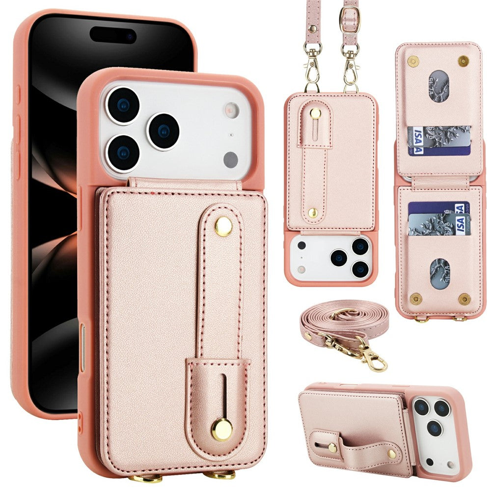 For iPhone 17 Pro Max Case Kickstand Card Slots Leather Coated TPU Cover with Shoulder Strap - Rose Gold
