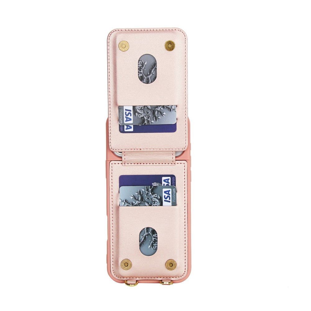 For iPhone 17 Pro Max Case Kickstand Card Slots Leather Coated TPU Cover with Shoulder Strap - Rose Gold