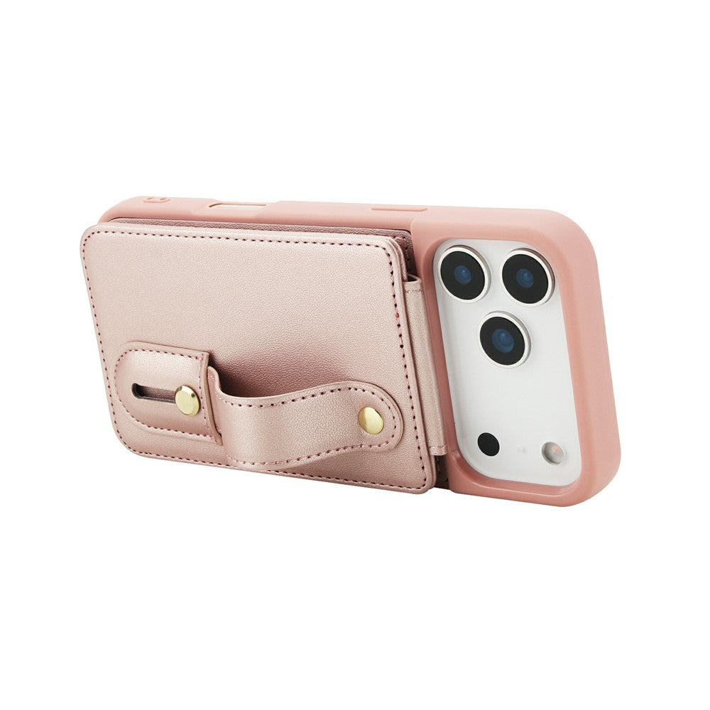 For iPhone 17 Pro Max Case Kickstand Card Slots Leather Coated TPU Cover with Shoulder Strap - Rose Gold