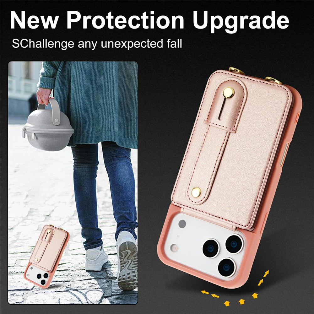 For iPhone 17 Pro Max Case Kickstand Card Slots Leather Coated TPU Cover with Shoulder Strap - Rose Gold
