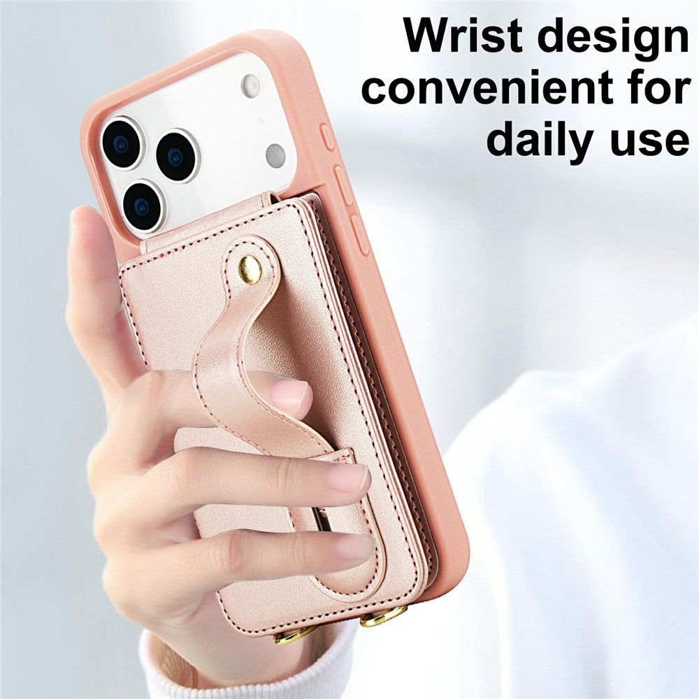 For iPhone 17 Pro Max Case Kickstand Card Slots Leather Coated TPU Cover with Shoulder Strap - Rose Gold
