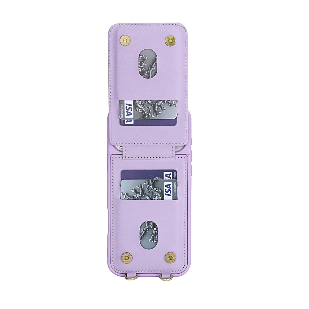 For iPhone 17 Pro Max Case Kickstand Card Slots Leather Coated TPU Cover with Shoulder Strap - Purple