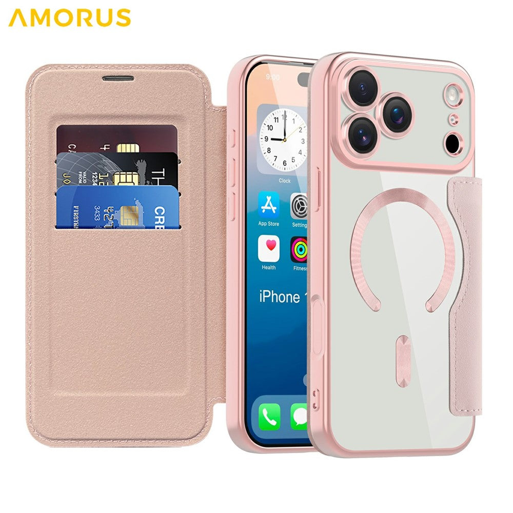AMORUS For iPhone 17 Pro Max Case Compatible with MagSafe RFID Blocking Card Holder Leather Phone Cover - Pink