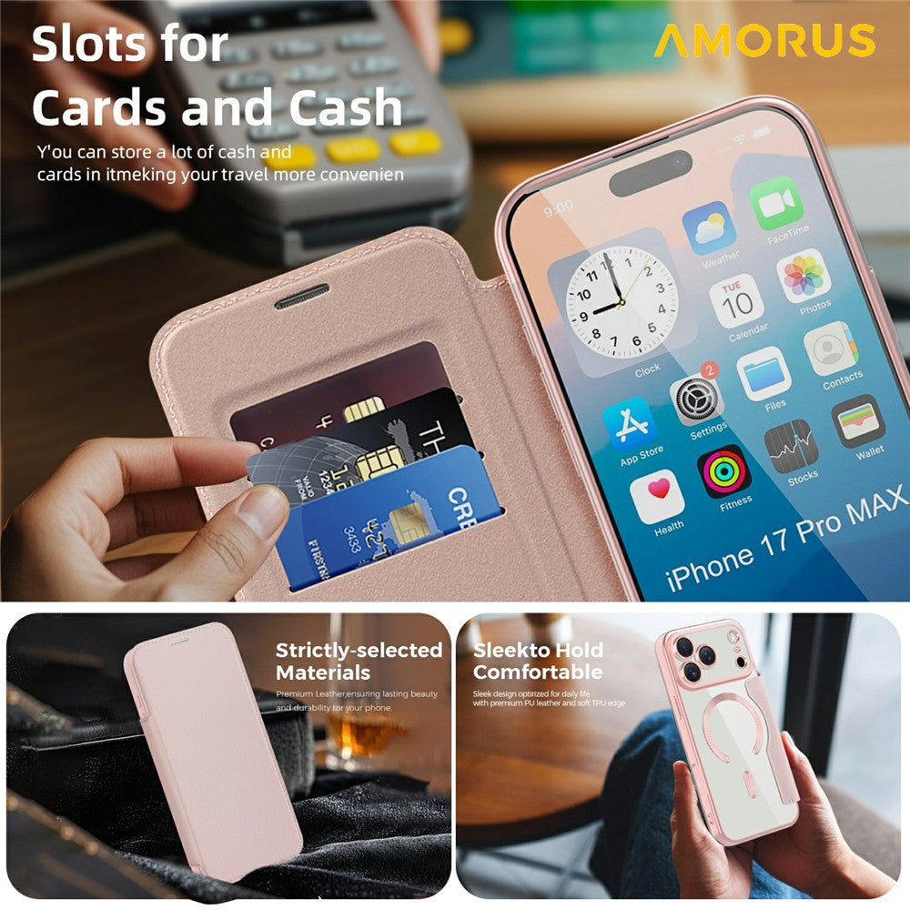 AMORUS For iPhone 17 Pro Max Case Compatible with MagSafe RFID Blocking Card Holder Leather Phone Cover - Pink