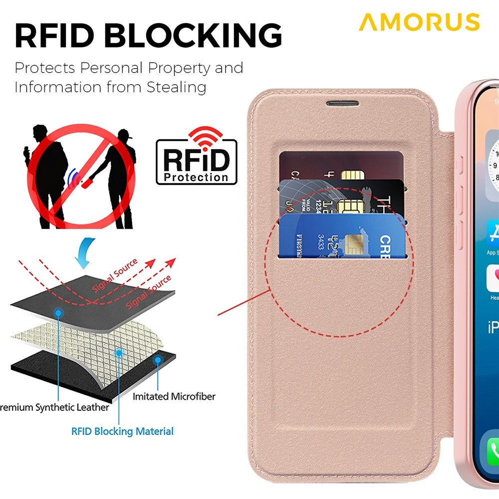 AMORUS For iPhone 17 Pro Max Case Compatible with MagSafe RFID Blocking Card Holder Leather Phone Cover - Pink
