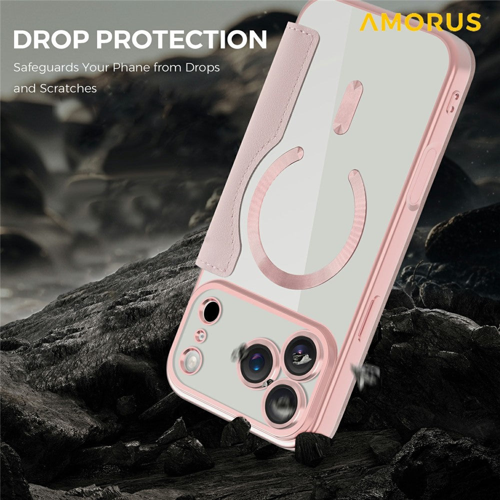 AMORUS For iPhone 17 Pro Max Case Compatible with MagSafe RFID Blocking Card Holder Leather Phone Cover - Pink