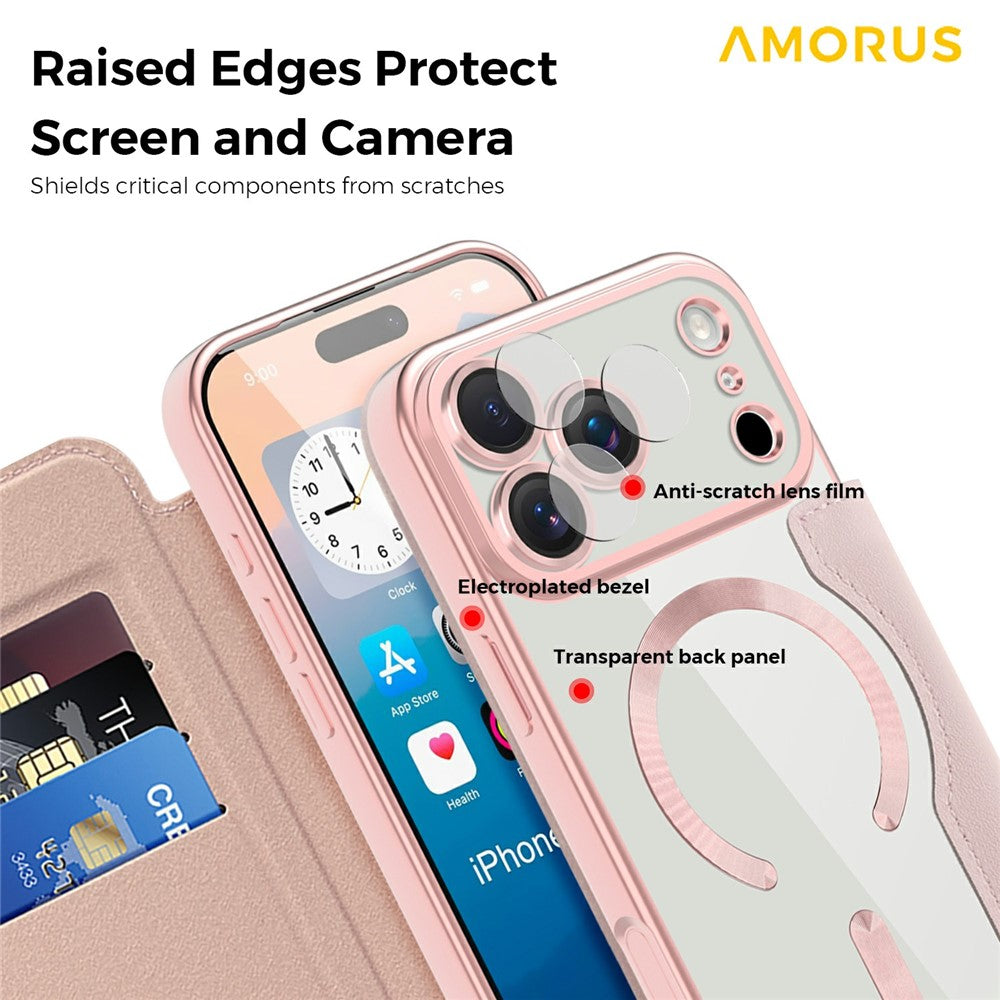 AMORUS For iPhone 17 Pro Max Case Compatible with MagSafe RFID Blocking Card Holder Leather Phone Cover - Pink
