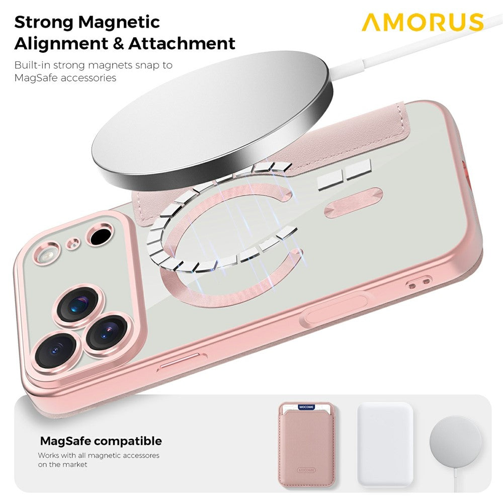 AMORUS For iPhone 17 Pro Max Case Compatible with MagSafe RFID Blocking Card Holder Leather Phone Cover - Pink