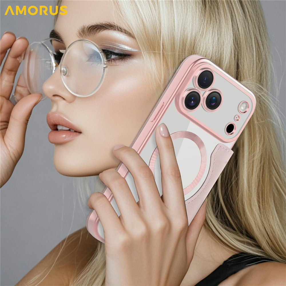 AMORUS For iPhone 17 Pro Max Case Compatible with MagSafe RFID Blocking Card Holder Leather Phone Cover - Pink