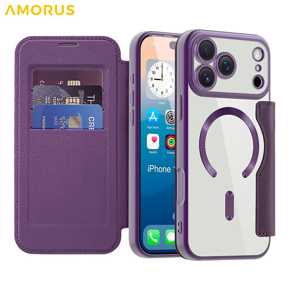 AMORUS For iPhone 17 Pro Max Case Compatible with MagSafe RFID Blocking Card Holder Leather Phone Cover - Dark Purple