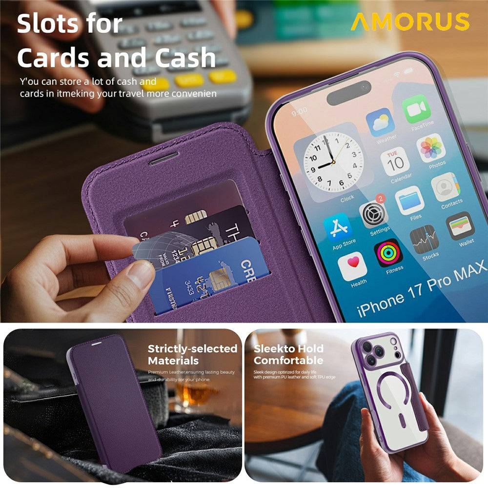 AMORUS For iPhone 17 Pro Max Case Compatible with MagSafe RFID Blocking Card Holder Leather Phone Cover - Dark Purple