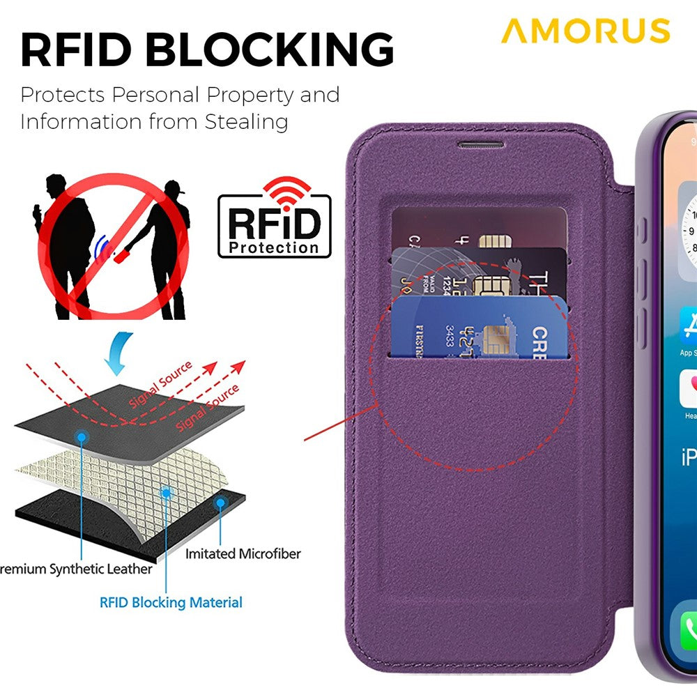 AMORUS For iPhone 17 Pro Max Case Compatible with MagSafe RFID Blocking Card Holder Leather Phone Cover - Dark Purple