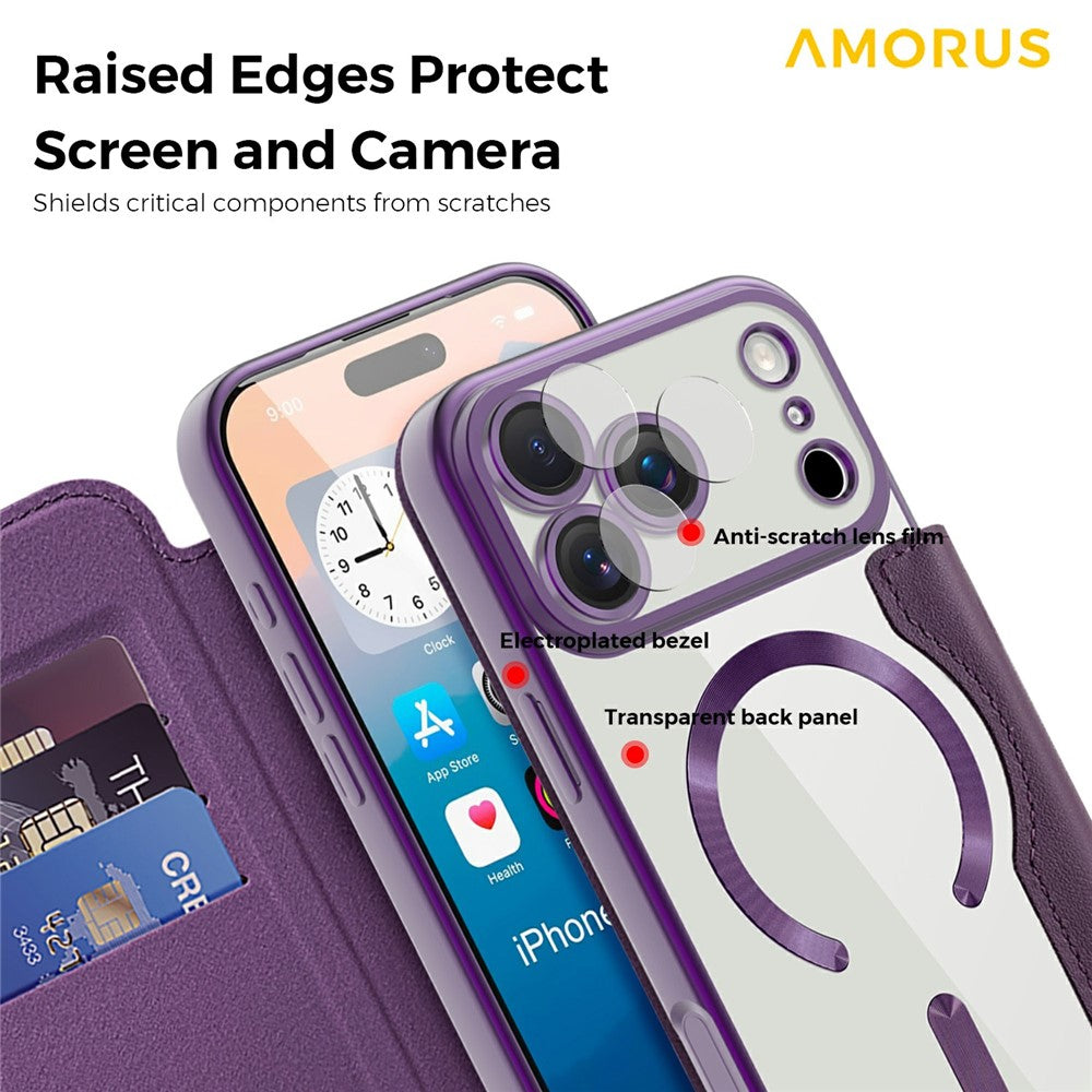 AMORUS For iPhone 17 Pro Max Case Compatible with MagSafe RFID Blocking Card Holder Leather Phone Cover - Dark Purple