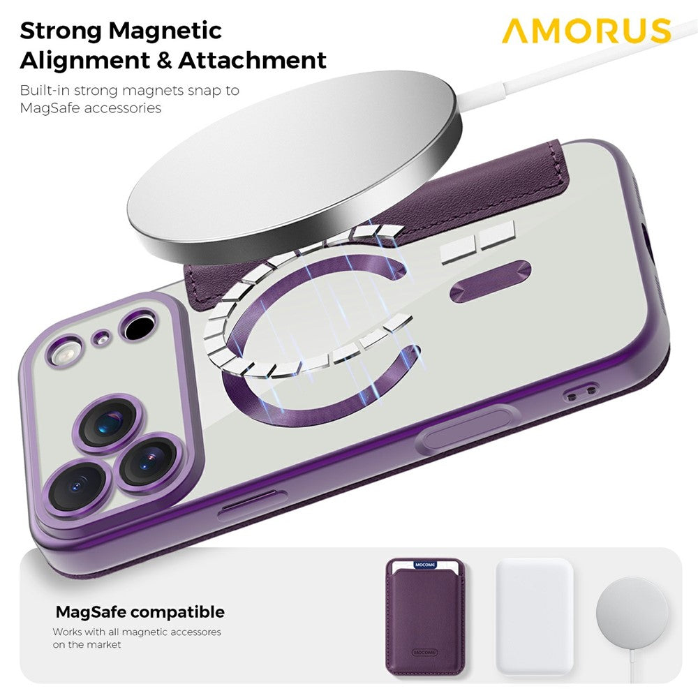 AMORUS For iPhone 17 Pro Max Case Compatible with MagSafe RFID Blocking Card Holder Leather Phone Cover - Dark Purple