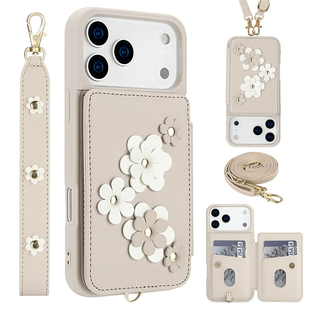 For iPhone 17 Pro Max Case Card Slots Leather Coated TPU Flower Phone Cover with 2 Straps - Beige