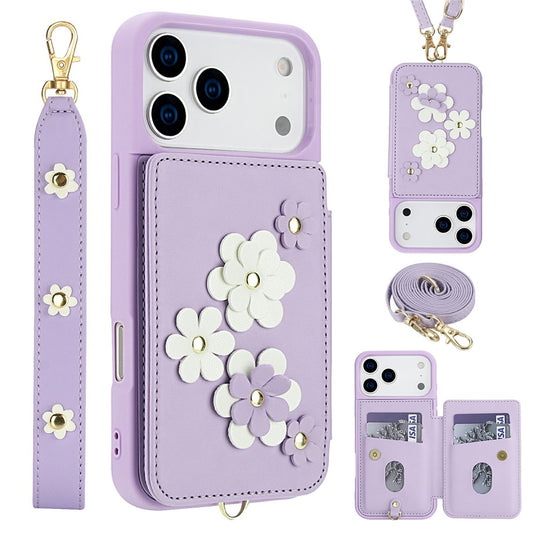 For iPhone 17 Pro Max Case Card Slots Leather Coated TPU Flower Phone Cover with 2 Straps - Purple