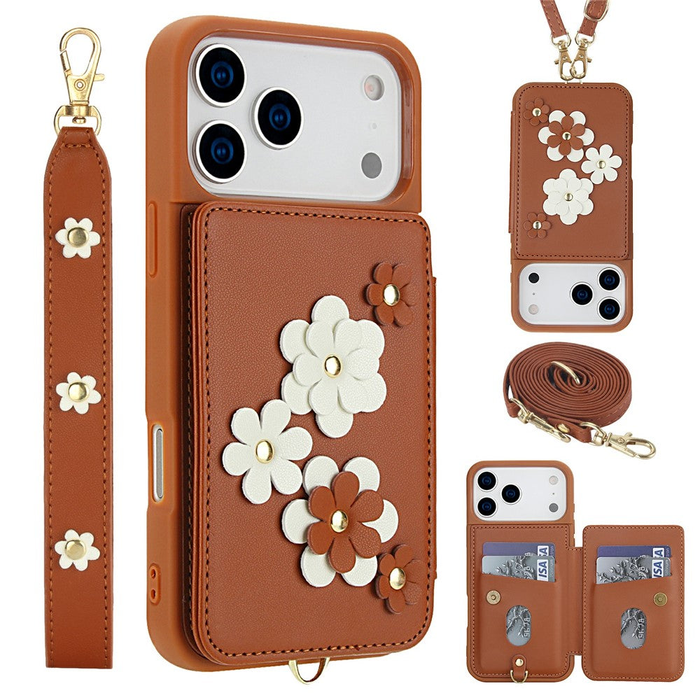 For iPhone 17 Pro Max Case Card Slots Leather Coated TPU Flower Phone Cover with 2 Straps - Brown