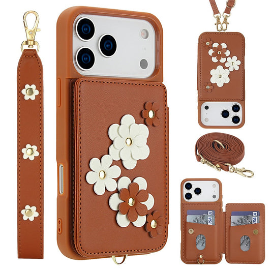 For iPhone 17 Pro Max Case Card Slots Leather Coated TPU Flower Phone Cover with 2 Straps - Brown
