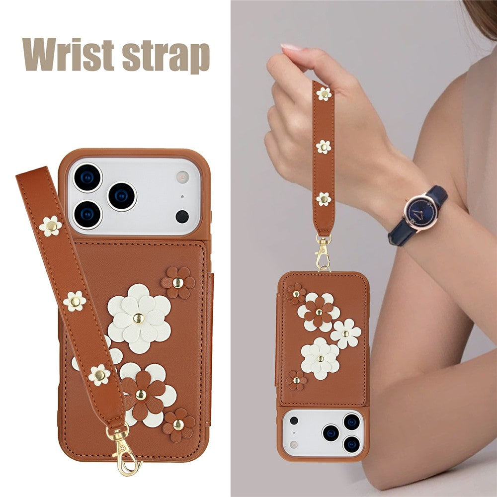 For iPhone 17 Pro Max Case Card Slots Leather Coated TPU Flower Phone Cover with 2 Straps - Brown