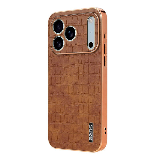 AZNS For iPhone 17 Pro Max Case Electroplating Crocodile Texture PU + TPU Phone Cover - Brown