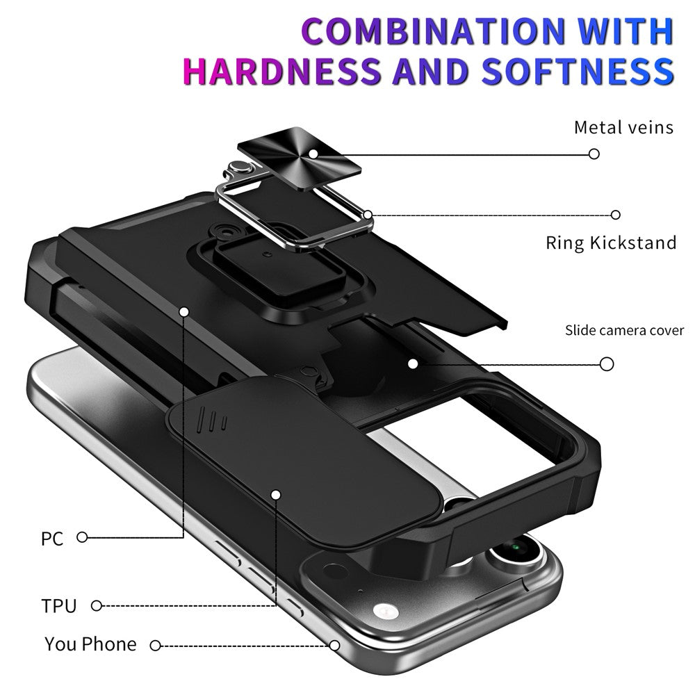 For iPhone 17 Pro Max Case Kickstand Slide Lens Lid PC + TPU Phone Cover with Card Slot - Black