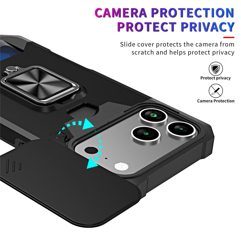 For iPhone 17 Pro Max Case Kickstand Slide Lens Lid PC + TPU Phone Cover with Card Slot - Black