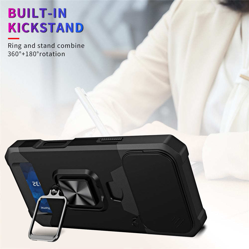 For iPhone 17 Pro Max Case Kickstand Slide Lens Lid PC + TPU Phone Cover with Card Slot - Black