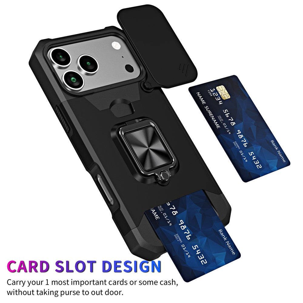 For iPhone 17 Pro Max Case Kickstand Slide Lens Lid PC + TPU Phone Cover with Card Slot - Black