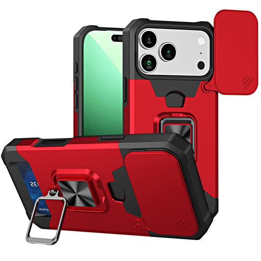 For iPhone 17 Pro Max Case Kickstand Slide Lens Lid PC + TPU Phone Cover with Card Slot - Red