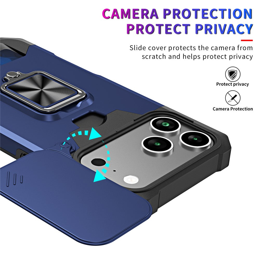 For iPhone 17 Pro Max Case Kickstand Slide Lens Lid PC + TPU Phone Cover with Card Slot - Navy Blue