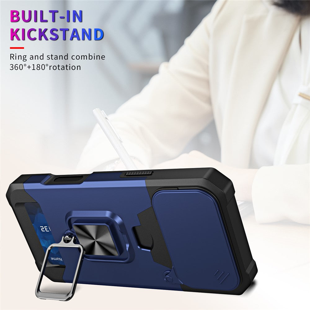 For iPhone 17 Pro Max Case Kickstand Slide Lens Lid PC + TPU Phone Cover with Card Slot - Navy Blue