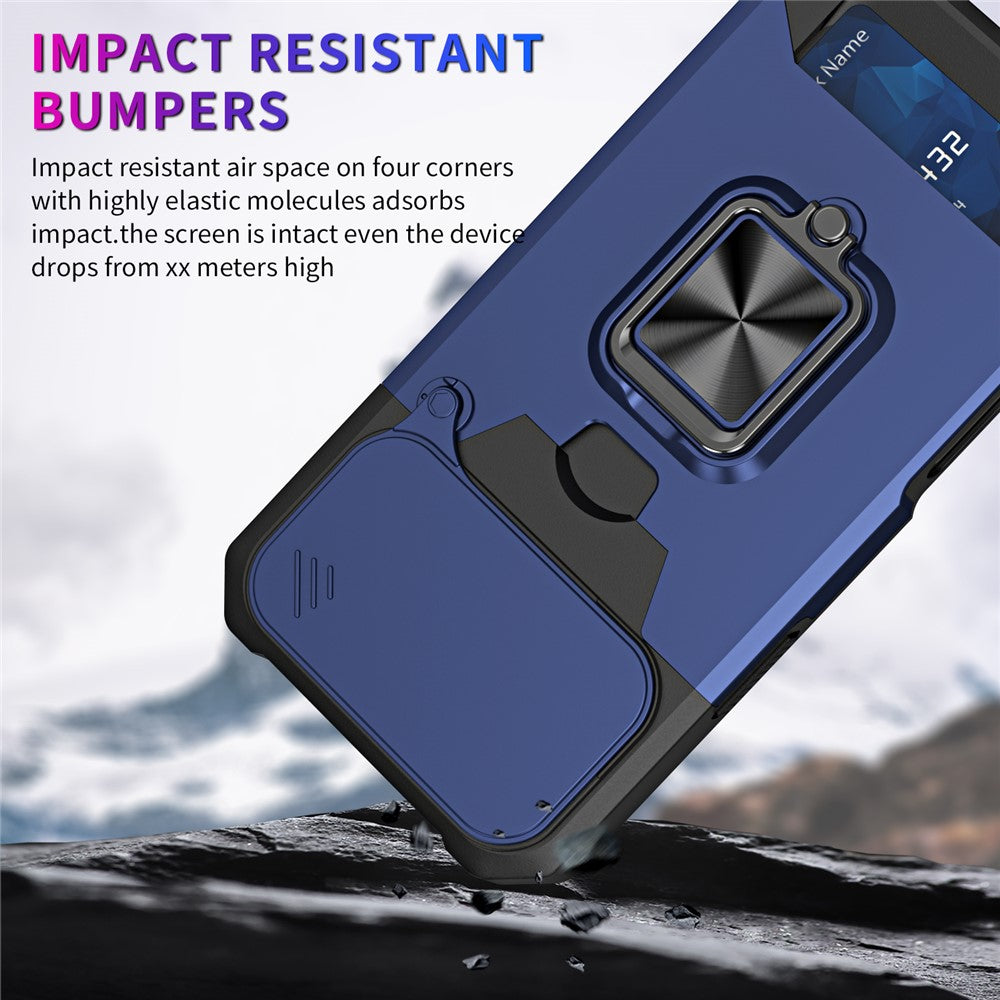 For iPhone 17 Pro Max Case Kickstand Slide Lens Lid PC + TPU Phone Cover with Card Slot - Navy Blue