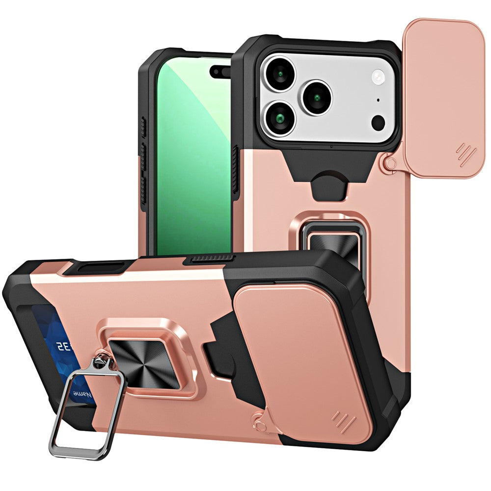 For iPhone 17 Pro Max Case Kickstand Slide Lens Lid PC + TPU Phone Cover with Card Slot - Rose Gold