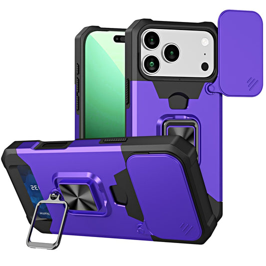 For iPhone 17 Pro Max Case Kickstand Slide Lens Lid PC + TPU Phone Cover with Card Slot - Purple