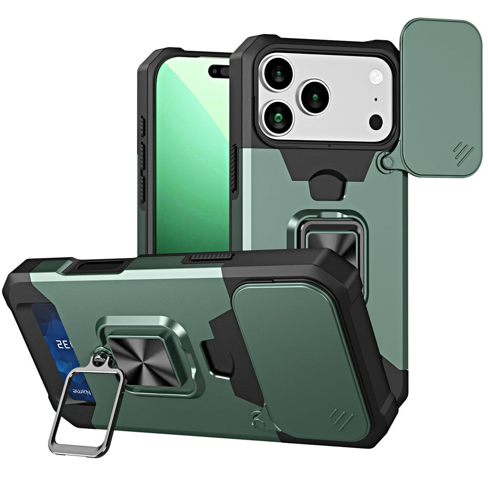 For iPhone 17 Pro Max Case Kickstand Slide Lens Lid PC + TPU Phone Cover with Card Slot - Blackish Green