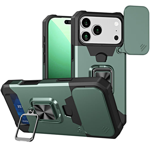 For iPhone 17 Pro Max Case Kickstand Slide Lens Lid PC + TPU Phone Cover with Card Slot - Blackish Green