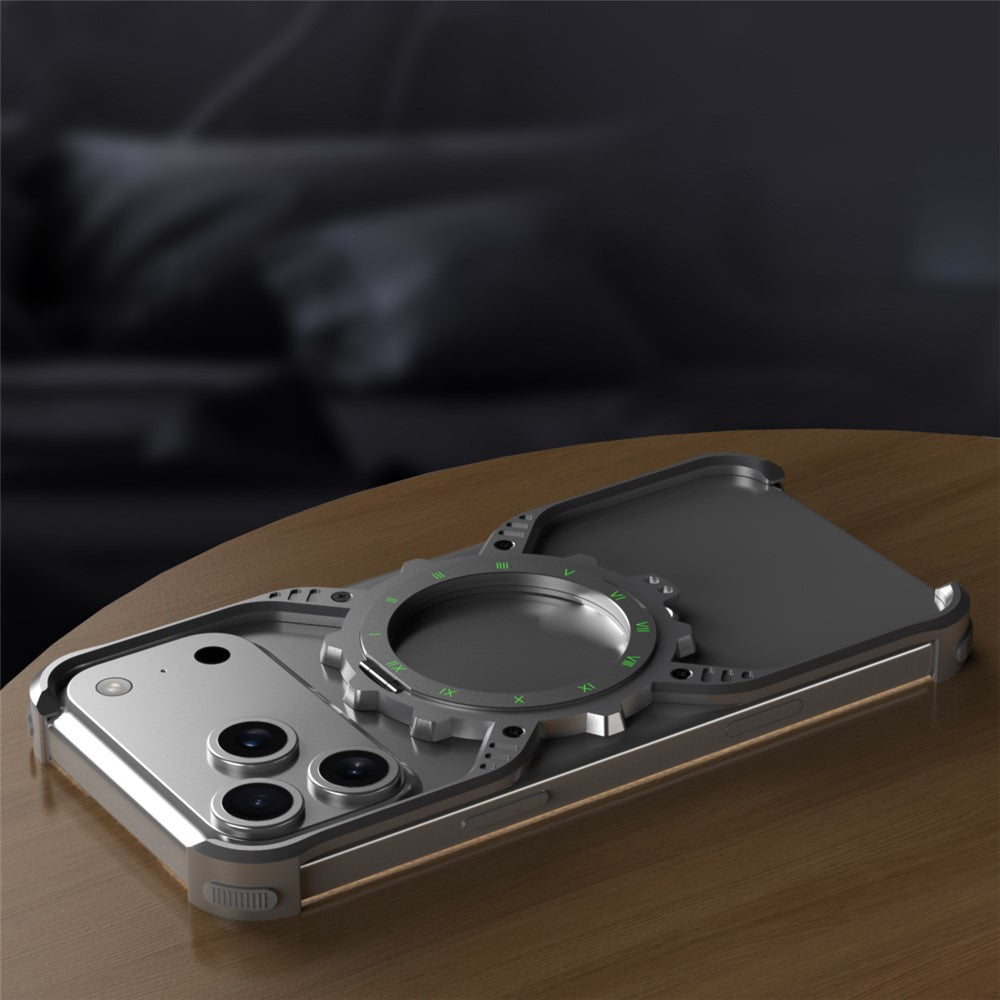 For iPhone 17 Pro Max Magnetic Case Luminous Kickstand Aluminum Alloy X-Shape Bumper Phone Cover - Silver