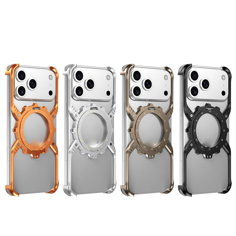 For iPhone 17 Pro Max Magnetic Case Luminous Kickstand Aluminum Alloy X-Shape Bumper Phone Cover - Orange
