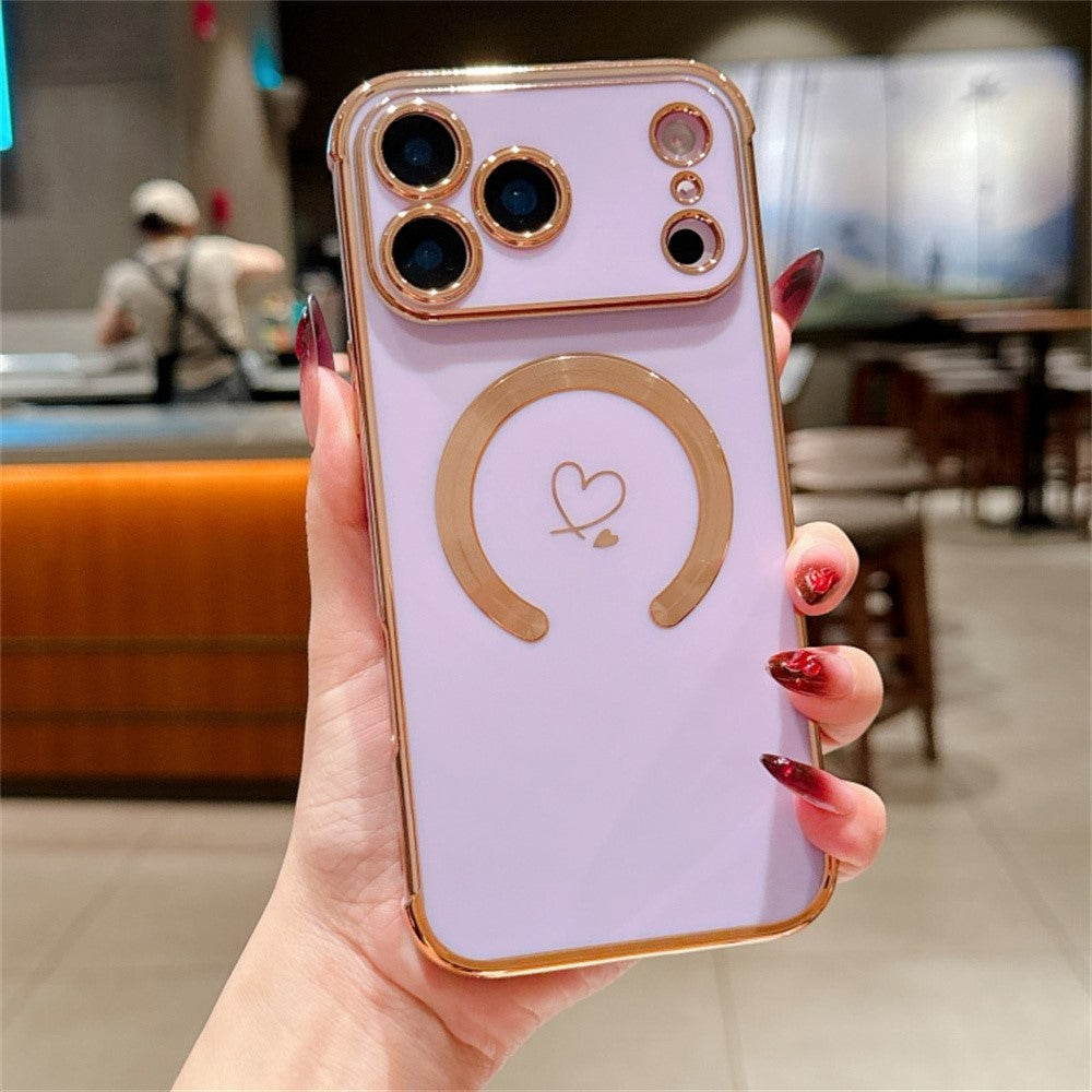 For iPhone 17 Pro Max Case Compatible with MagSafe Electroplated TPU Phone Cover Hollow Love Hearts - Purple