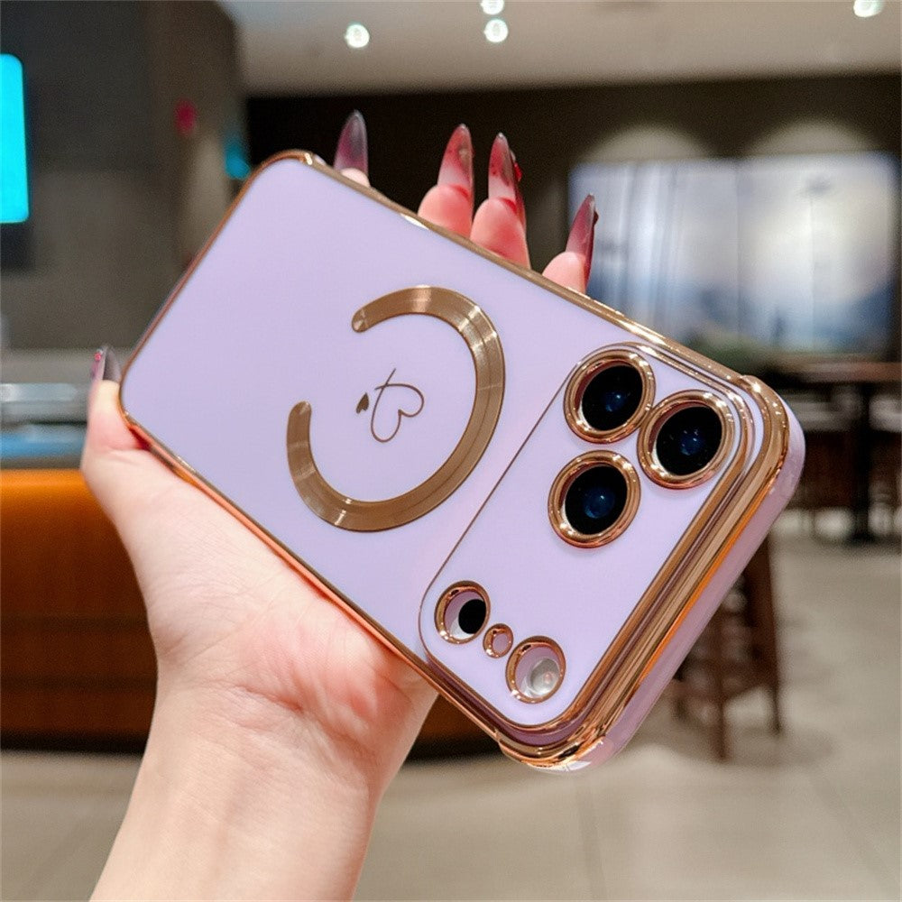 For iPhone 17 Pro Max Case Compatible with MagSafe Electroplated TPU Phone Cover Hollow Love Hearts - Purple