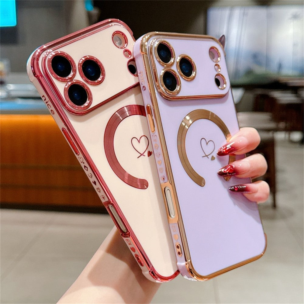 For iPhone 17 Pro Max Case Compatible with MagSafe Electroplated TPU Phone Cover Hollow Love Hearts - Purple
