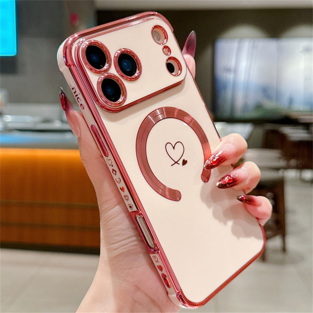 For iPhone 17 Pro Max Case Compatible with MagSafe Electroplated TPU Phone Cover Hollow Love Hearts - Rose Pink