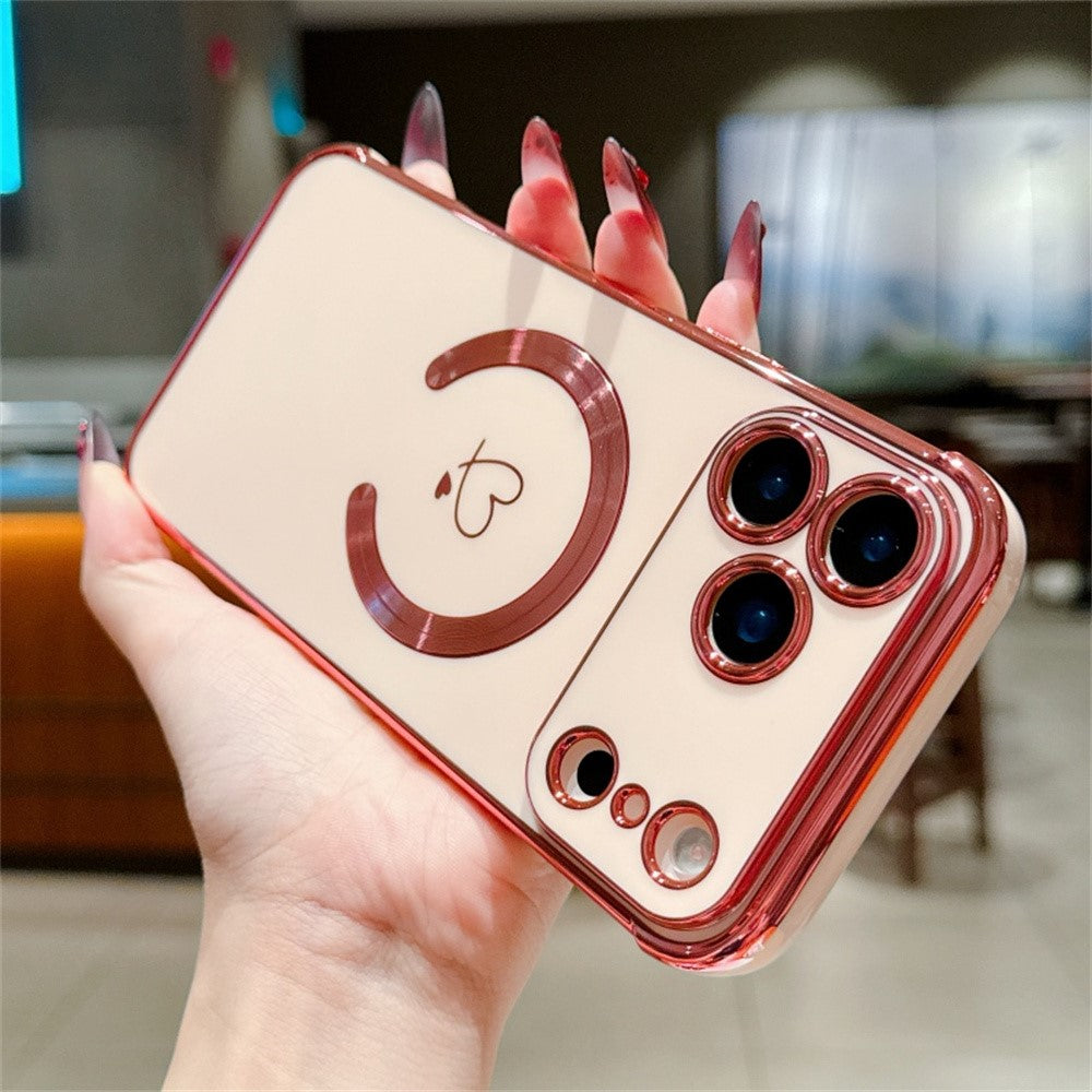For iPhone 17 Pro Max Case Compatible with MagSafe Electroplated TPU Phone Cover Hollow Love Hearts - Rose Pink