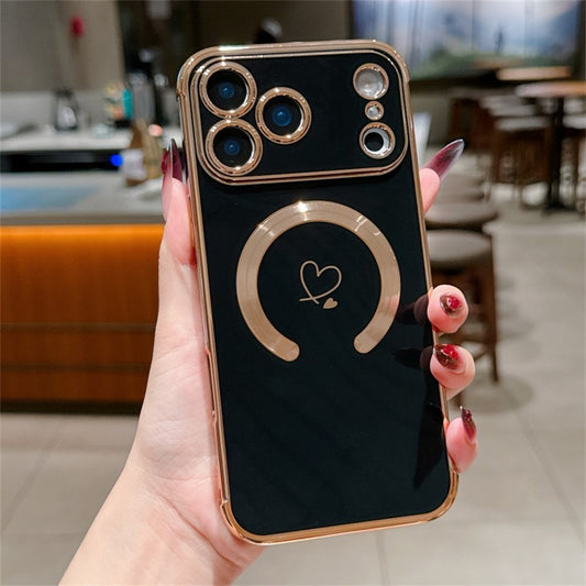 For iPhone 17 Pro Max Case Compatible with MagSafe Electroplated TPU Phone Cover Hollow Love Hearts - Black